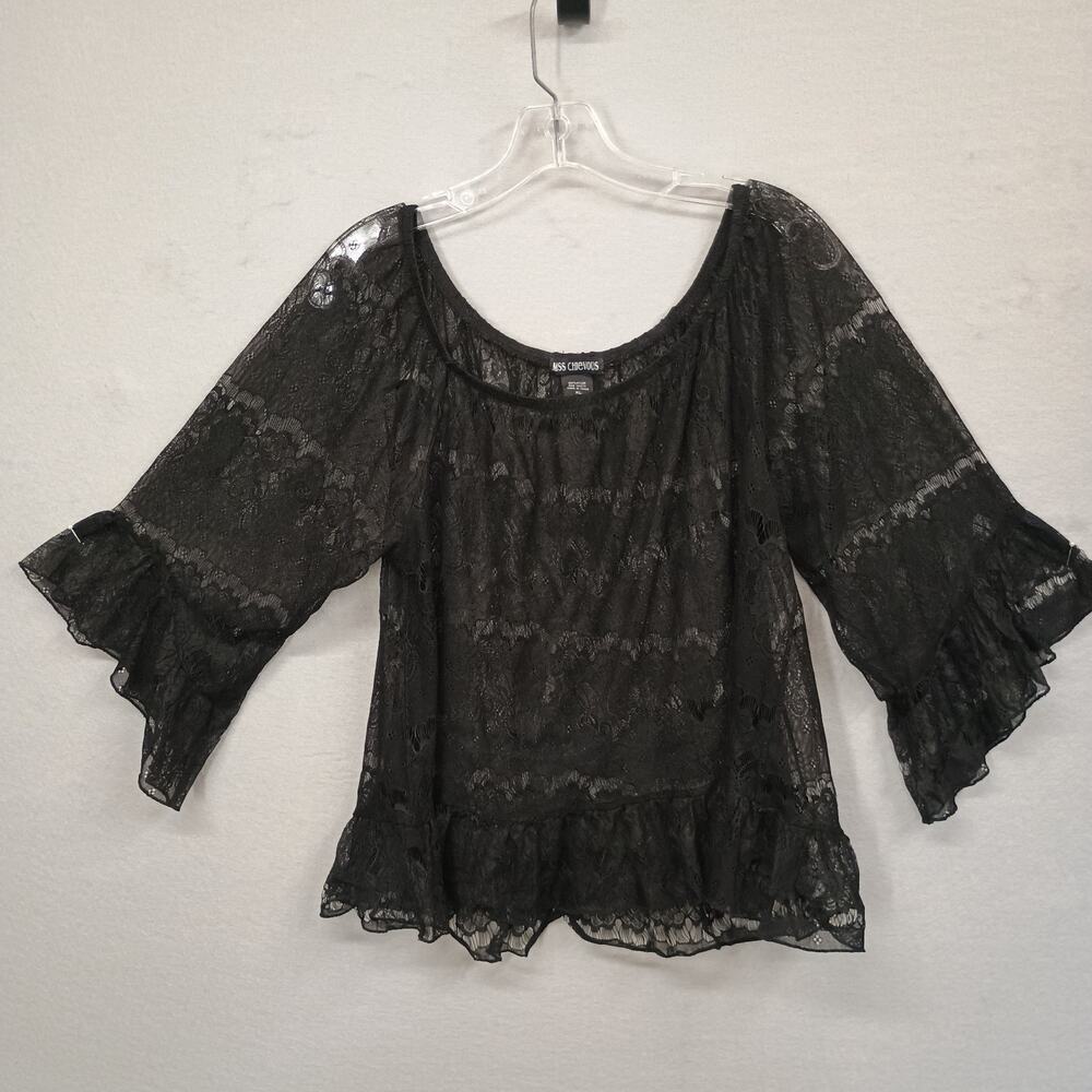 Miss Chievous Sz XL Black Lace Sheer Peasant coquette Goth Top Wednesday Addams